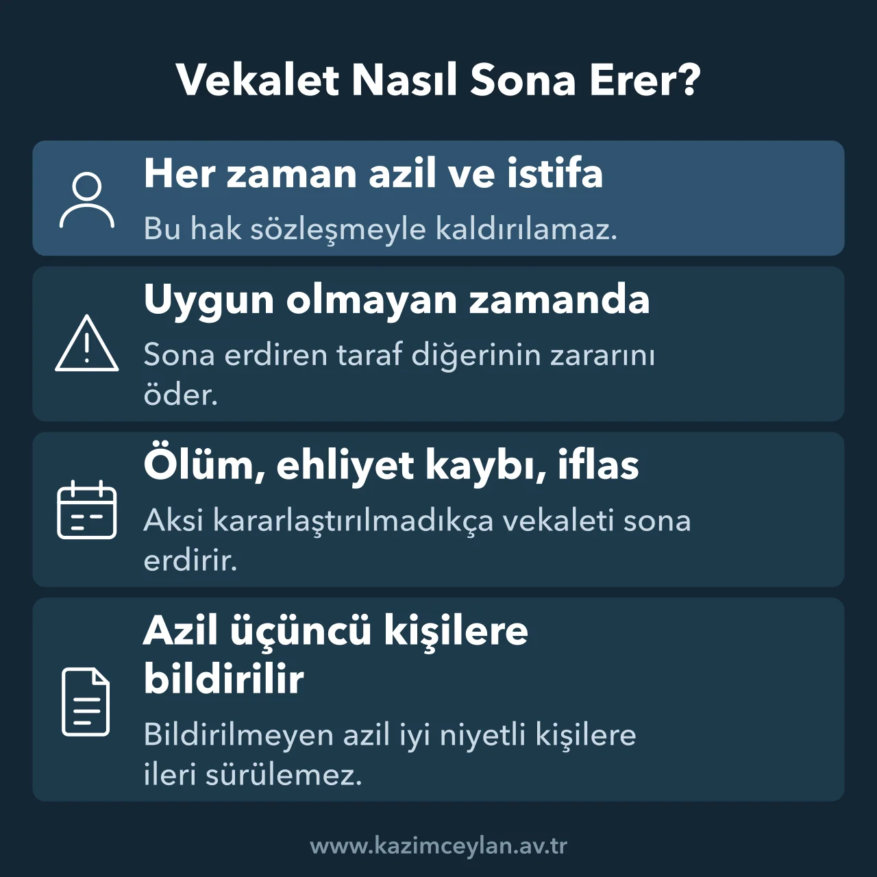 Vekaletin azil, istifa, ölüm ve iflasla sona ermesini ve sonuçlarını gösteren şema