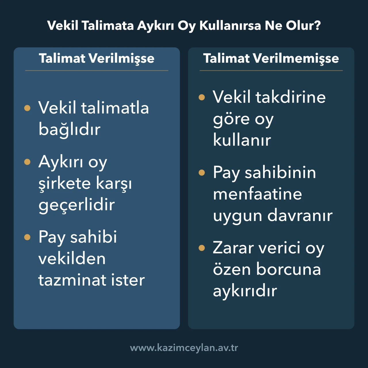Talimatlı ve talimatsız vekaletnamede vekilin oy kullanma sorumluluğunu ayıran şema