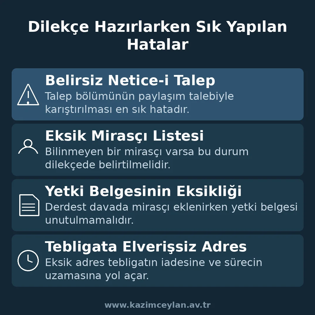 Veraset ilamı dilekçesi hazırlanırken sık yapılan hataları gösteren şema