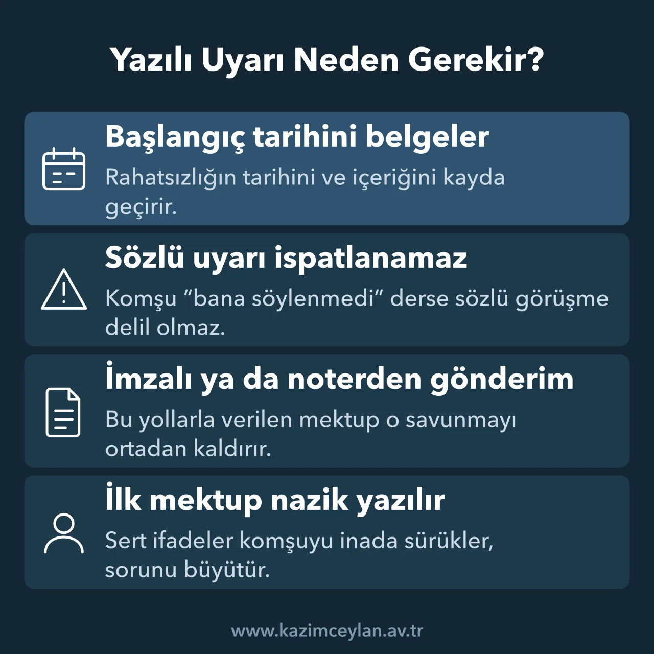 Komşuya yazılı uyarı göndermenin ispat açısından sağladığı faydaları özetleyen şema