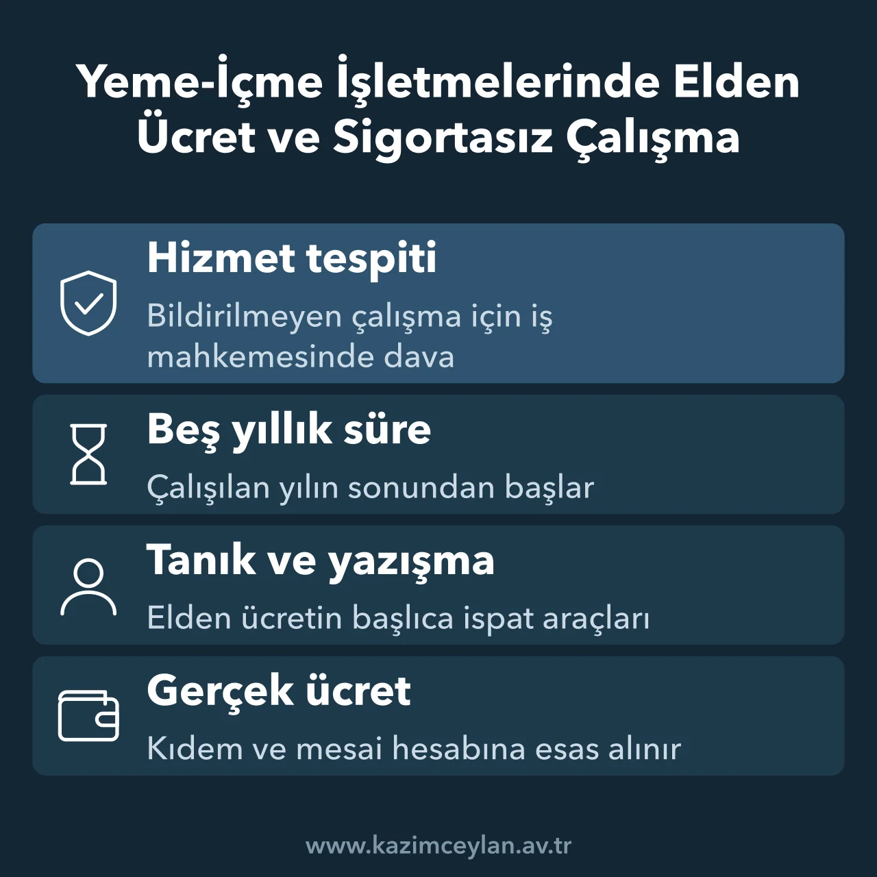 Yeme İçme İşletmelerinde Elden Ücret ve Sigortasız Çalışma Kadıköy işçi avukatı başvurularında elden ücret ve sigortasız çalışmada hizmet tespiti süresi ve ispat araçlarını gösteren şema