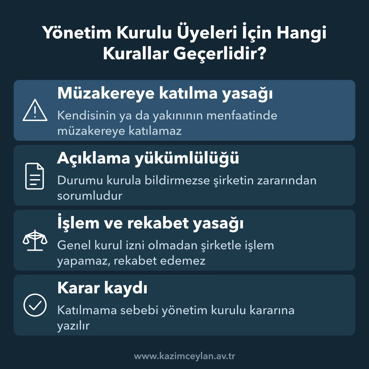 Yönetim Kurulu Üyeleri İçin Hangi Kurallar Geçerlidir Müzakereye katılma, açıklama, şirketle işlem ve rekabet yasaklarını gösteren şema