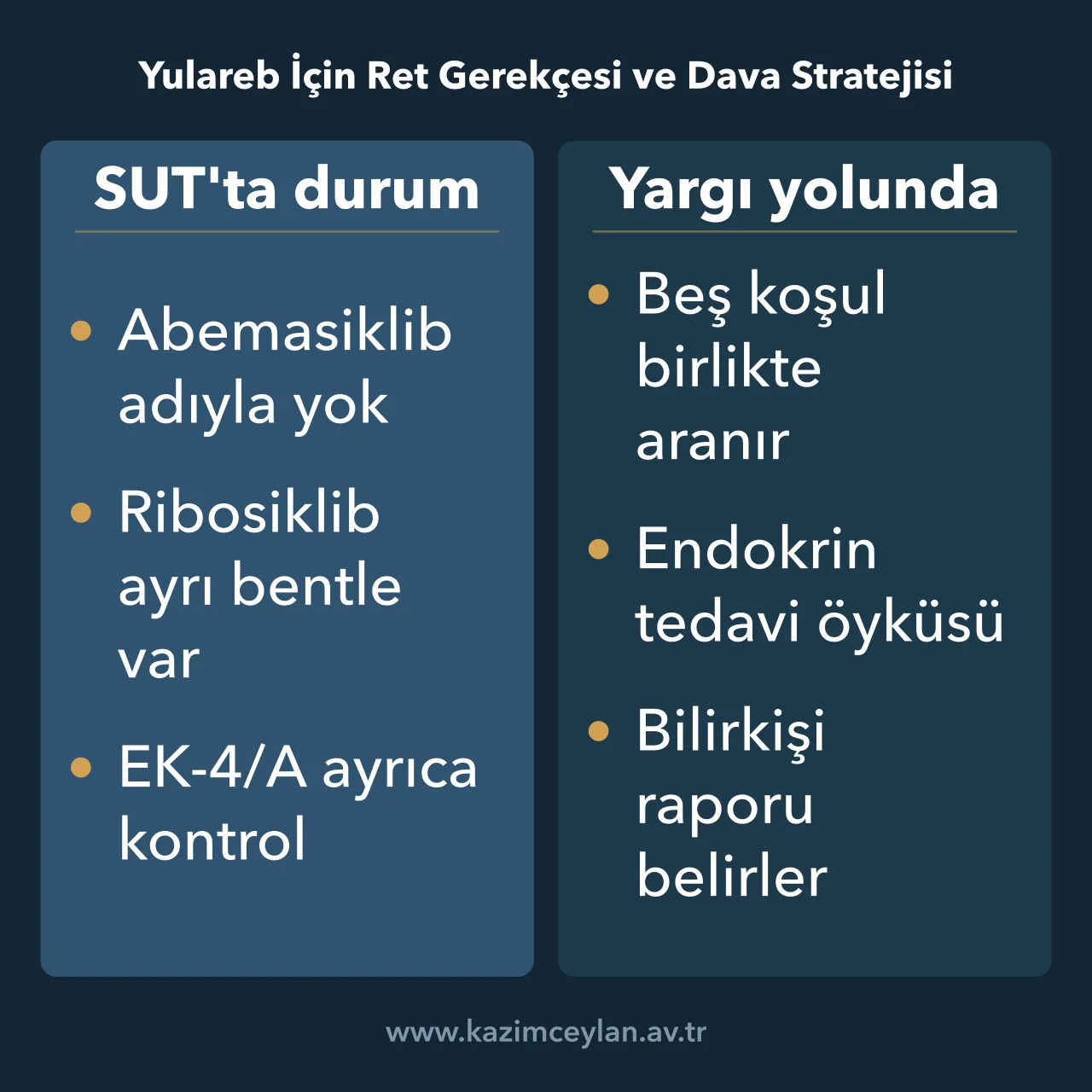 Yulareb İçin Ret Gerekçesi ve Dava Stratejisi Yulareb için SUT'taki durum ile yargı yolundaki koşulların karşılaştırması