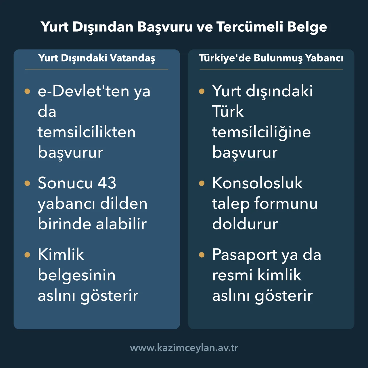 Yurt Dışından Başvuru ve Tercümeli Belge Yurt dışındaki vatandaş ile Türkiye'de bulunmuş yabancının başvuru yolunu gösteren şema