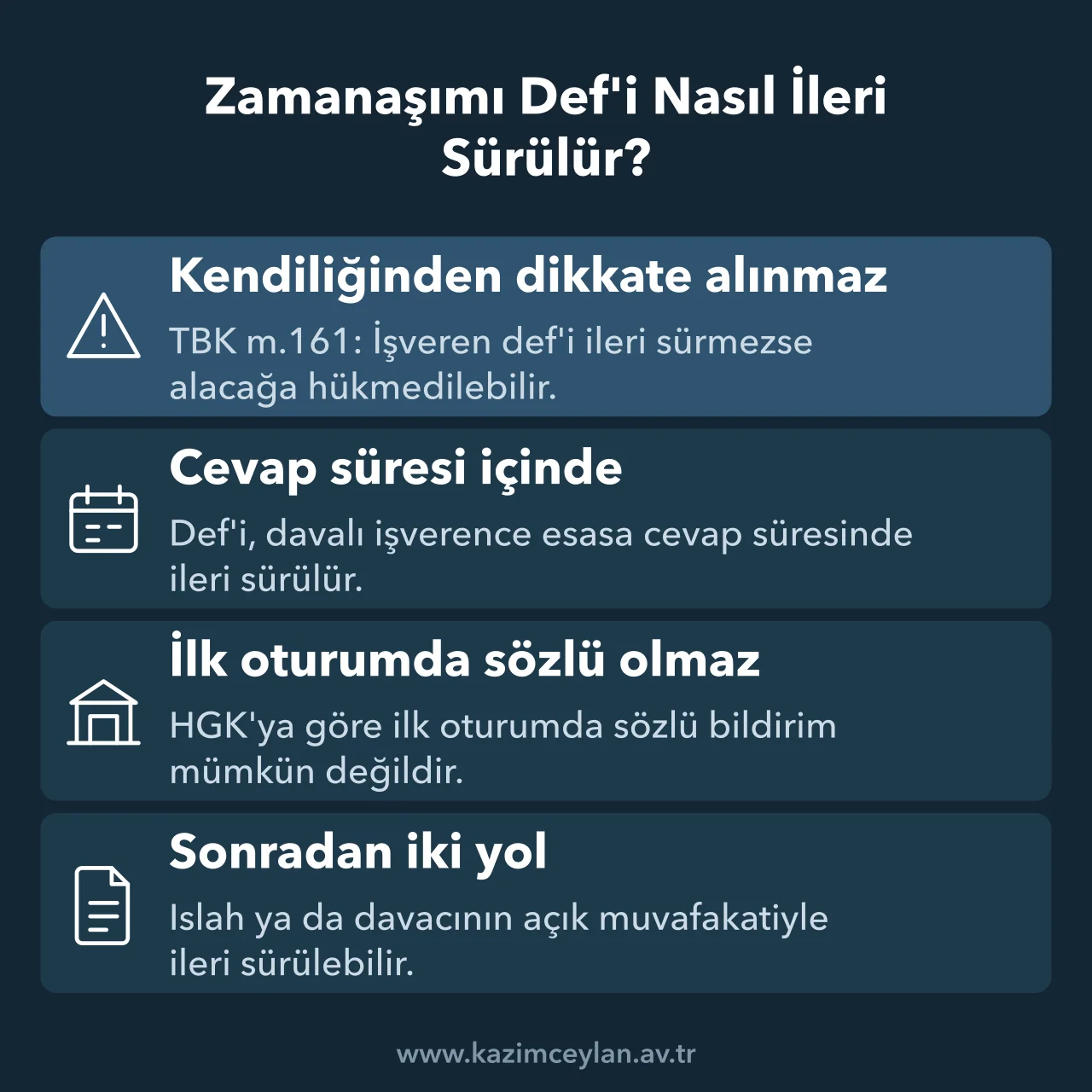 İşverenin zamanaşımı def'ini ne zaman ve hangi yollarla ileri süreceğini özetleyen kart