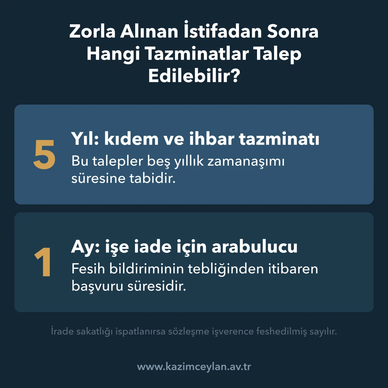 Zorla Alınan İstifadan Sonra Hangi Tazminatlar Talep Edilebilir Zorla istifa ettirilen işçinin tazminat ve işe iade talepleri için süreleri gösterir